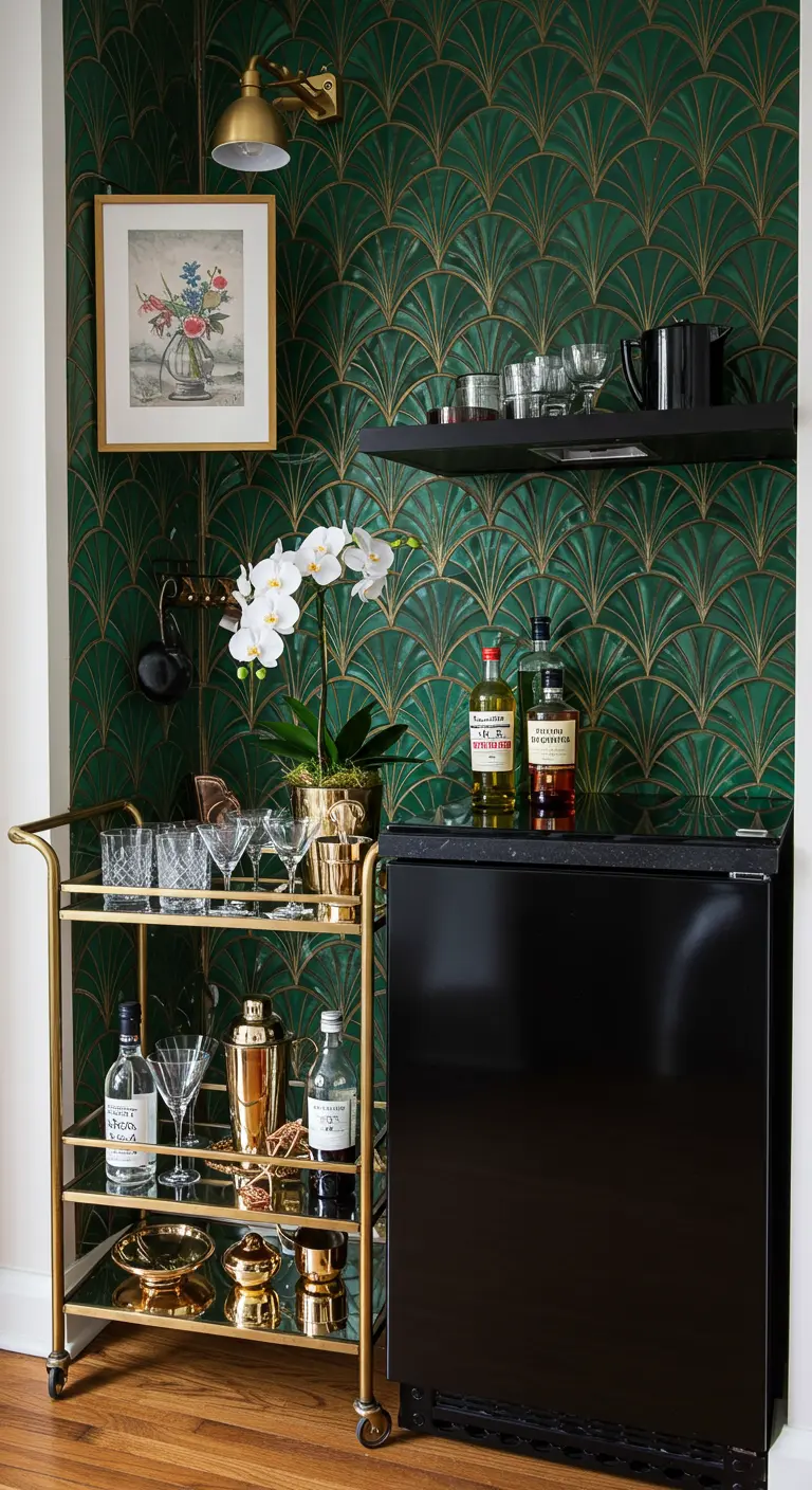 A bar nook with emerald green Art Deco wallpaper, a gold bar cart, and a floating shelf.
