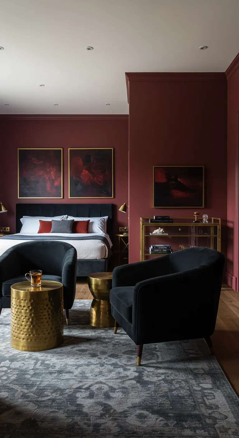 Bedroom seating area with black velvet chairs and hammered brass tables.