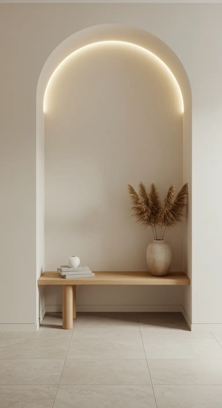 A minimalist arched entryway nook with a simple wooden bench and soft overhead lighting.