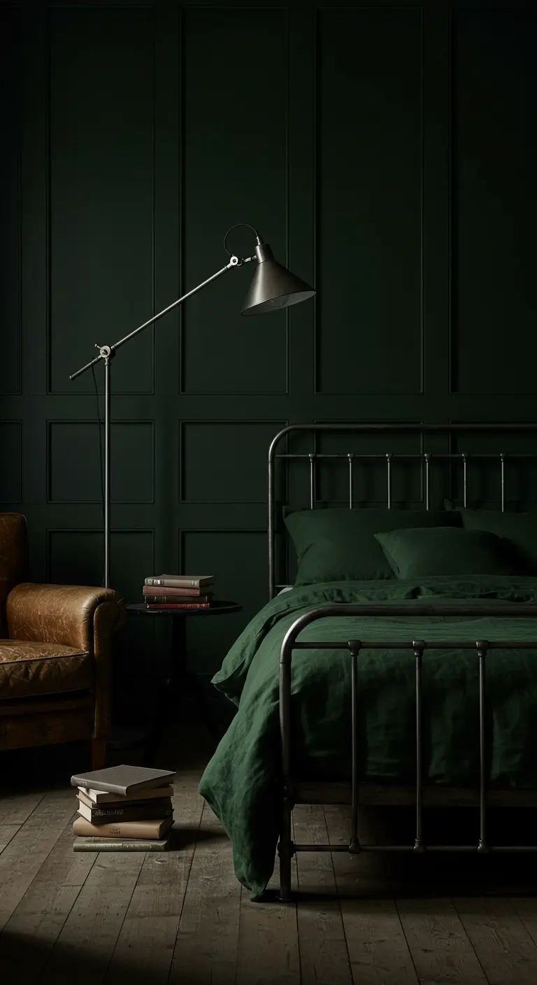 Dark green bedroom with a metal floor lamp next to a leather reading chair.