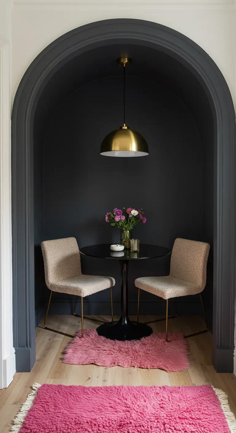 An intimate dining nook inside a dark gray archway with a pink sheepskin rug.
