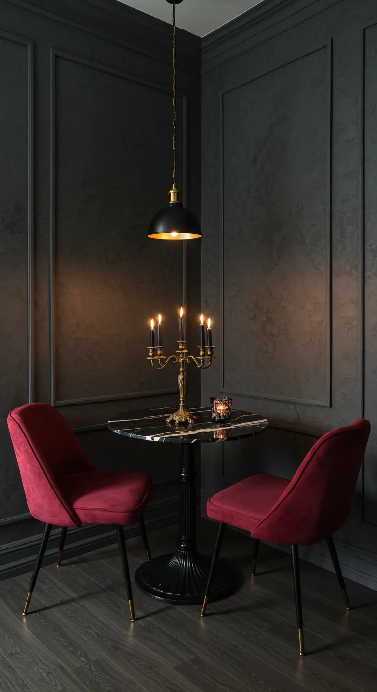 Intimate dining nook with charcoal paneled walls, a small marble table, and red velvet chairs.