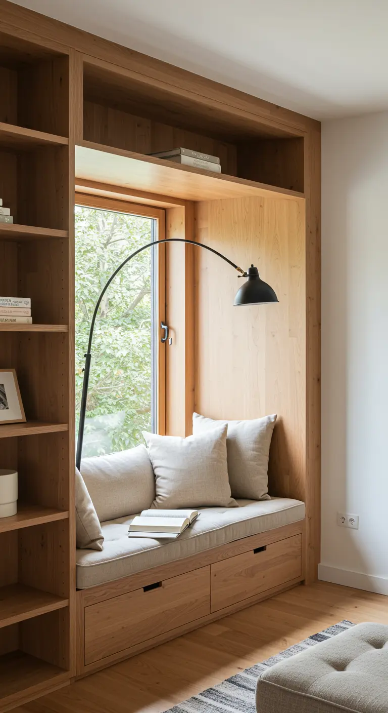 Cozy reading nook built into a wooden shelving unit with a window and an arched lamp.
