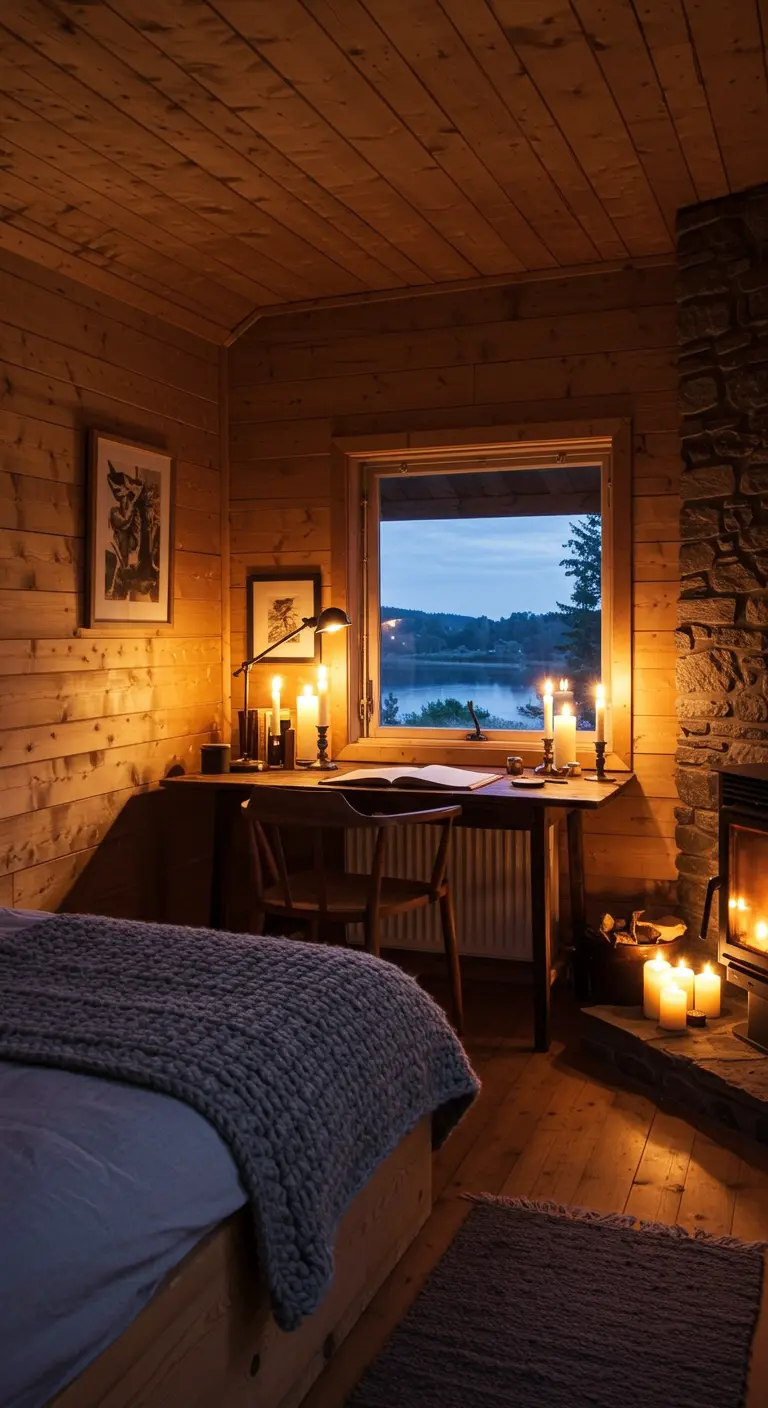 A small wooden desk with a lamp and candles sits by a window in a cabin bedroom.
