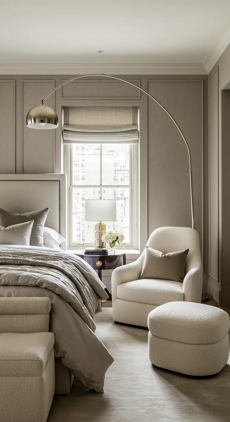 Greige bedroom with a bouclé armchair and ottoman under a large silver arc floor lamp.