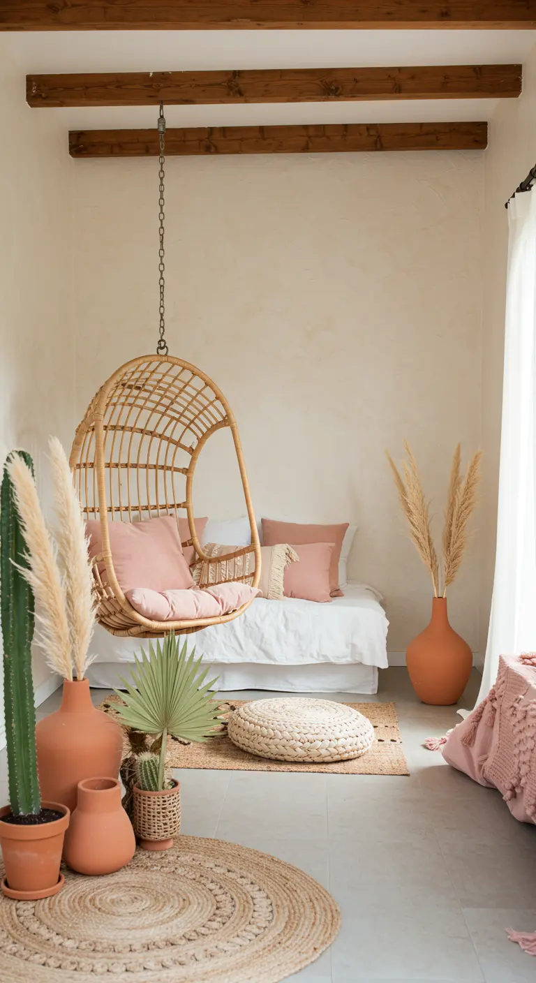 Serene bedroom corner with a hanging rattan chair and pampas grass.