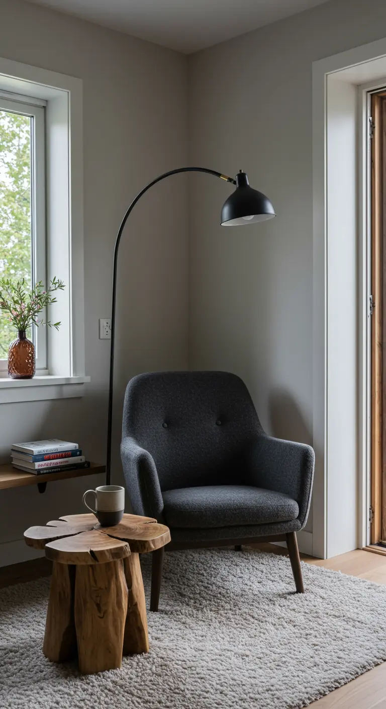 A cozy reading corner with a gray armchair, an arc lamp, and a live-edge wood table.