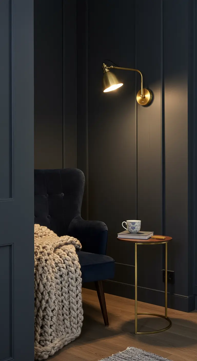 A cozy reading nook with a navy velvet armchair, a chunky knit throw, and a brass wall lamp.