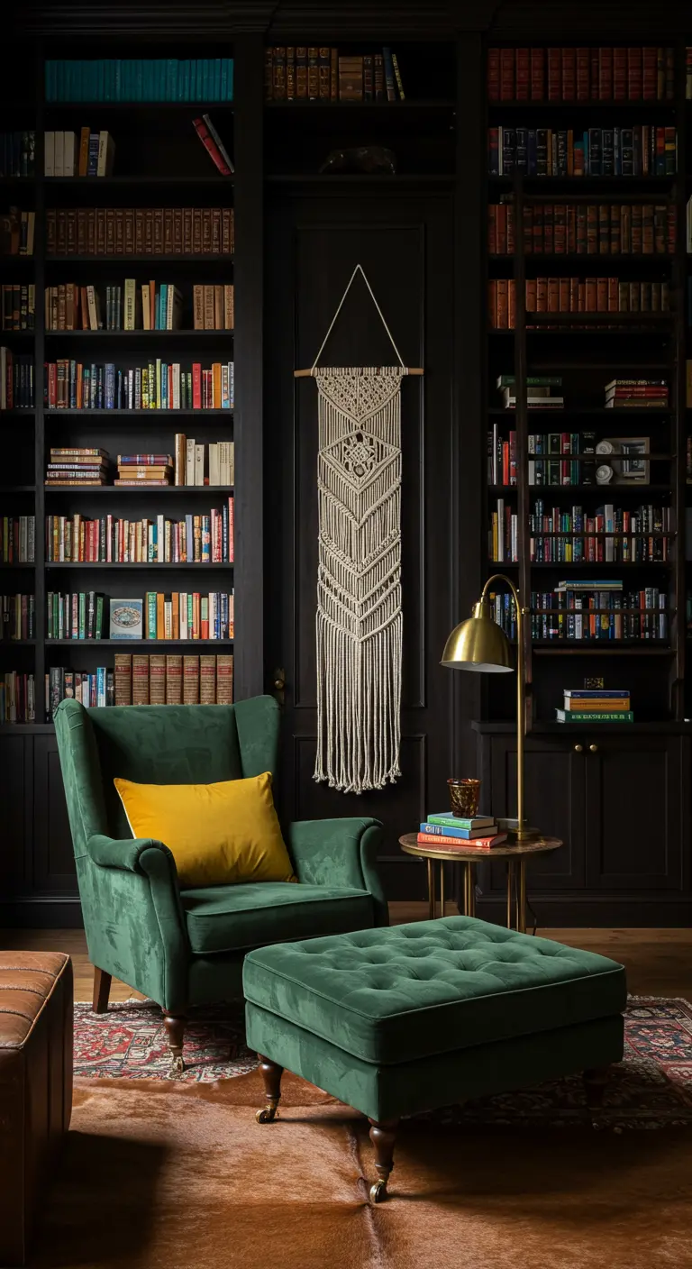 Cozy reading nook in a dark library with a green velvet armchair and a small macramé piece.