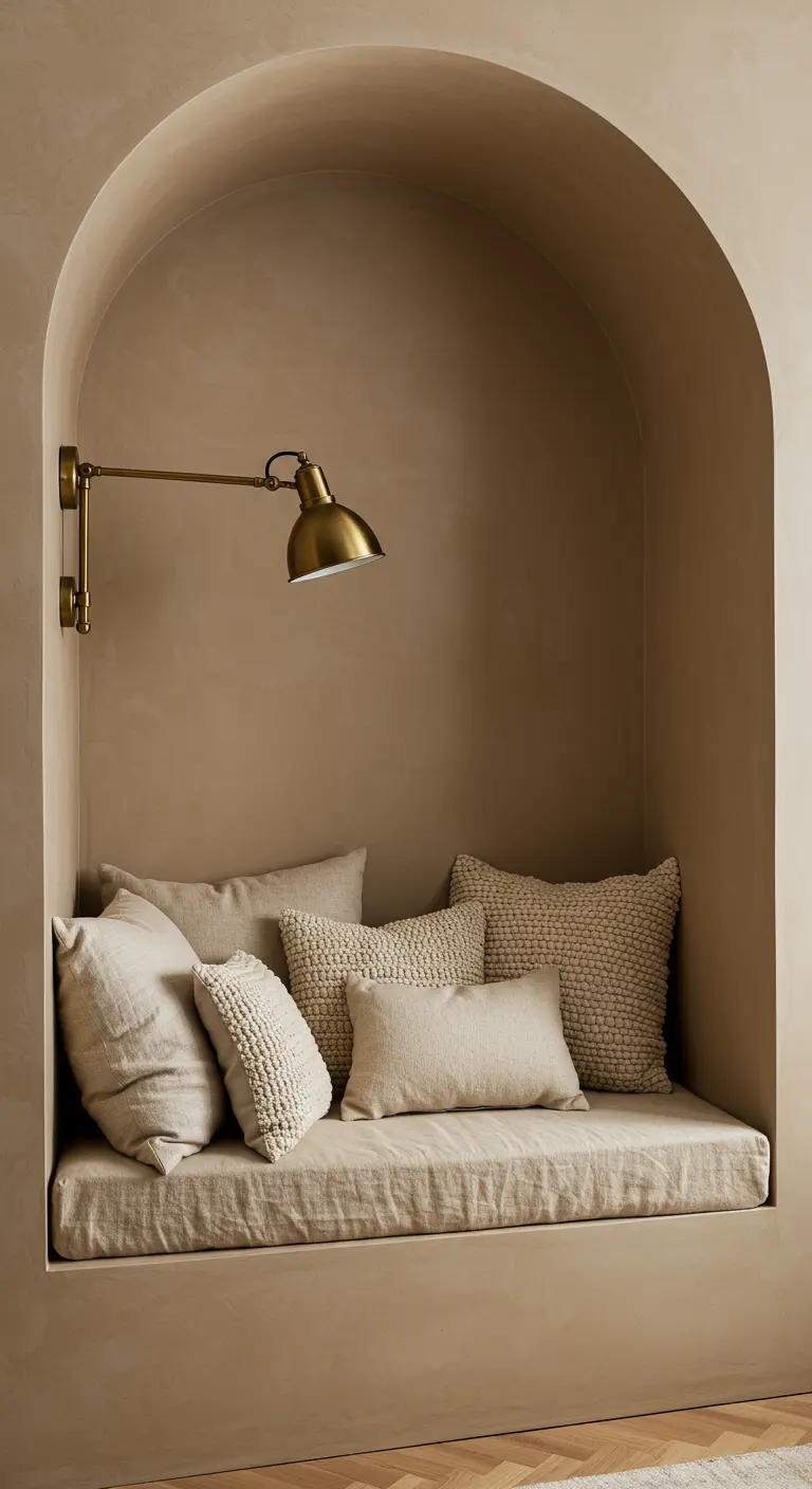 A cozy reading nook built into an arched alcove, filled with plush neutral pillows.