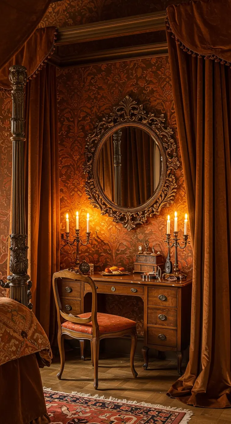 Ornate oval mirror over a desk with candelabras in a warm, amber-lit room.