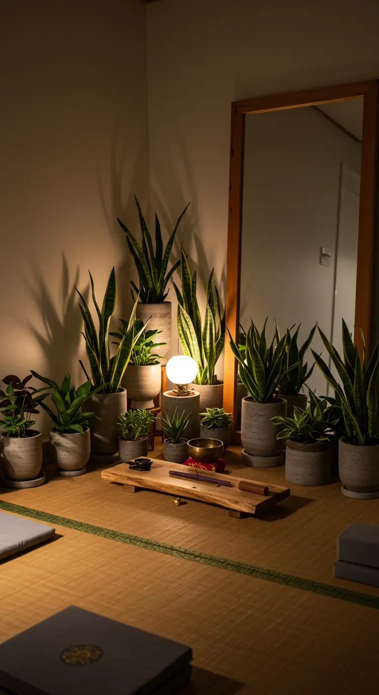 A meditation corner with tatami mats, a collection of snake plants, and a large mirror.