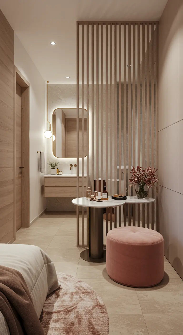 A vanity table and pink ottoman partially screened by a vertical wood slat divider in a bedroom.