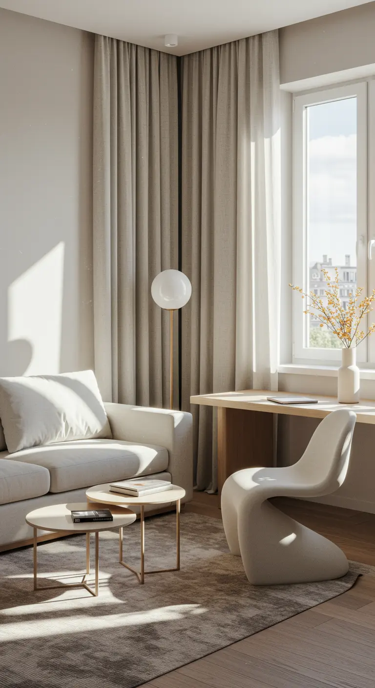 Sunlit work-from-home corner with a desk, sculptural chair, and floor-to-ceiling curtains.