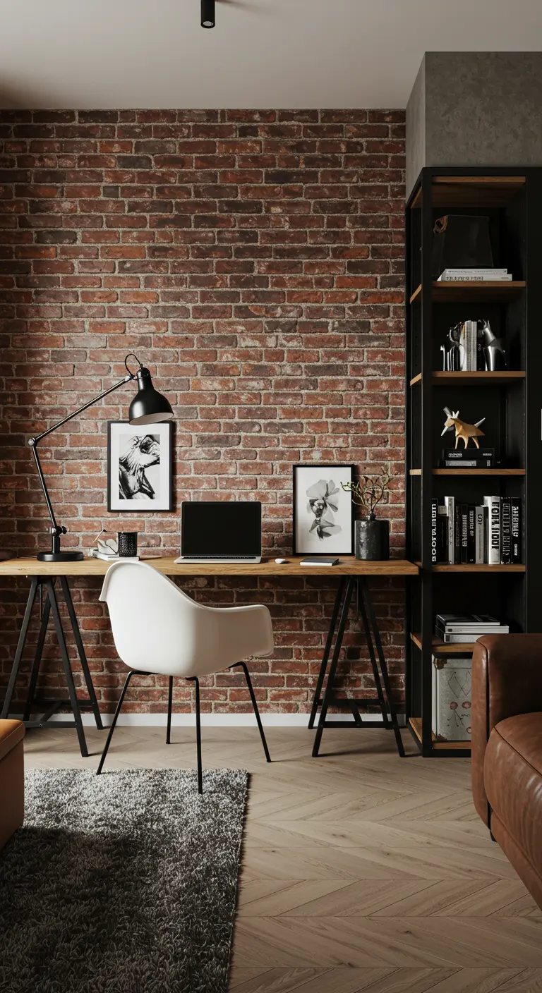 A minimalist home office desk and chair set up against an exposed brick wall.