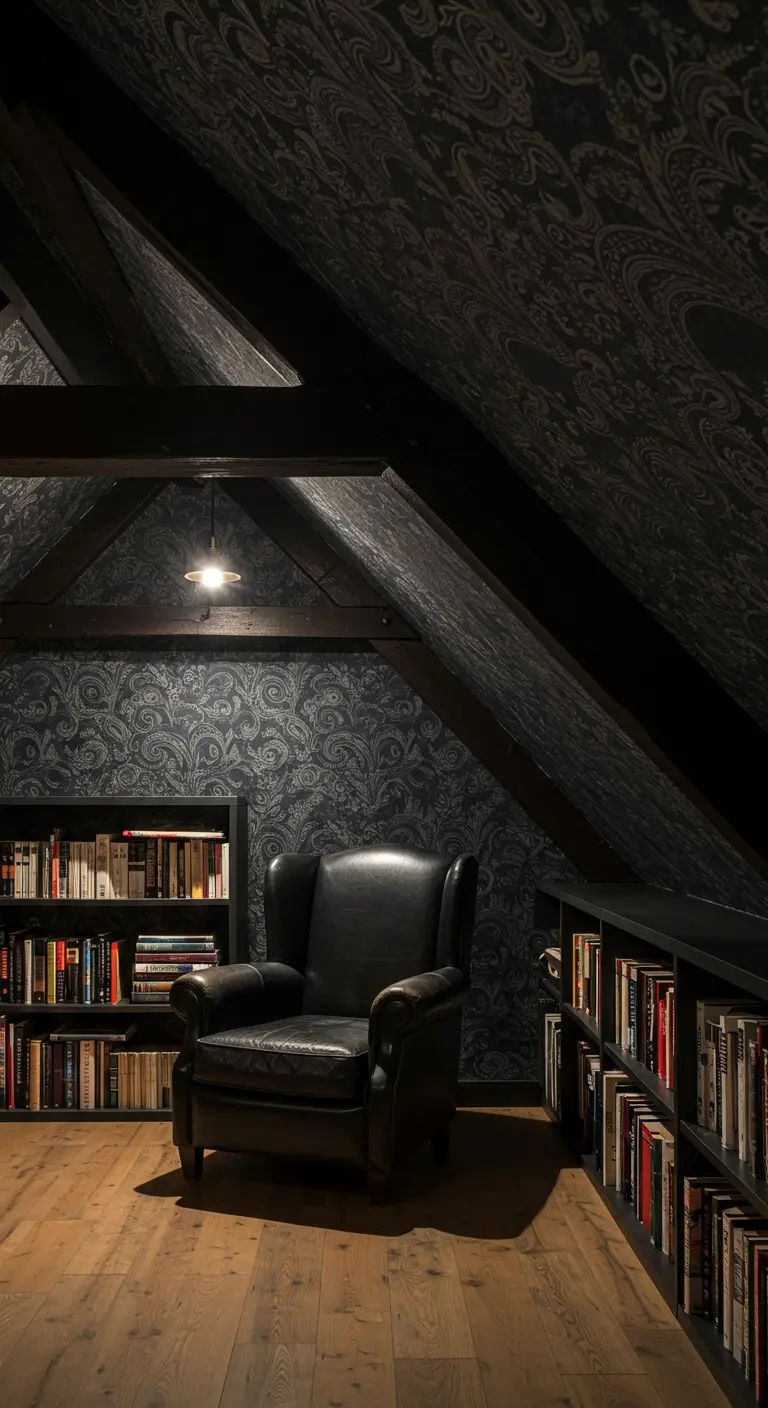 A black leather armchair in an attic room with dark paisley wallpaper and low bookshelves.