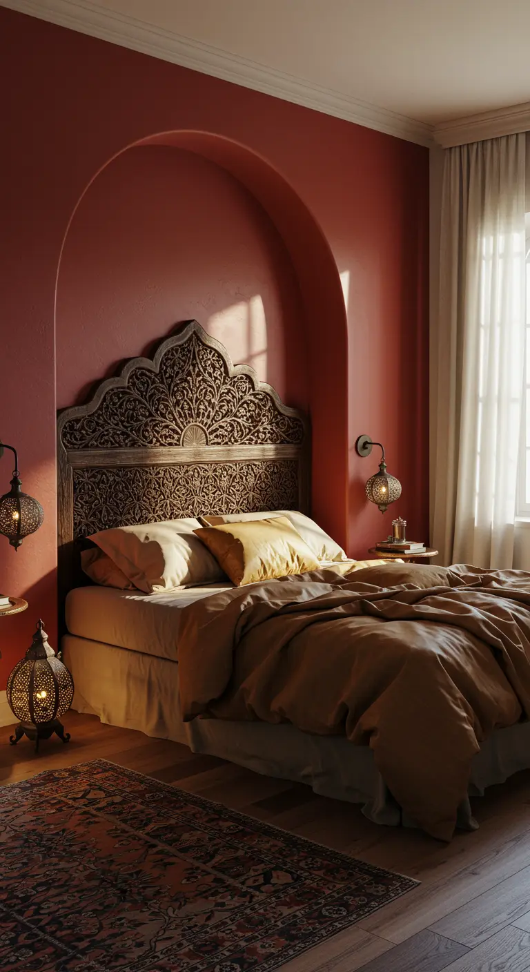 Bedroom with a terracotta-colored arched niche behind a bed with a carved wooden headboard.