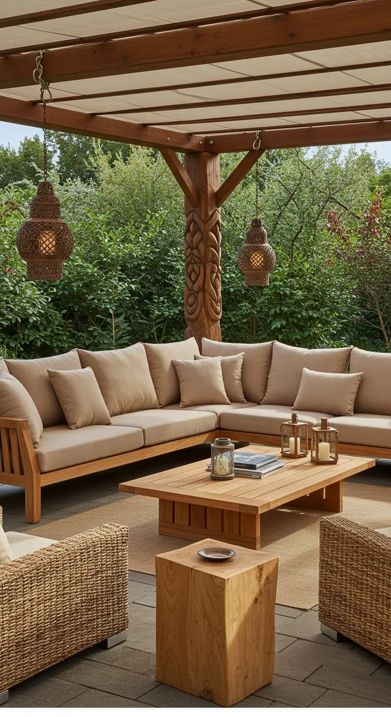 Large teak sectional under a pergola with carved posts, woven chairs, and carved lanterns.