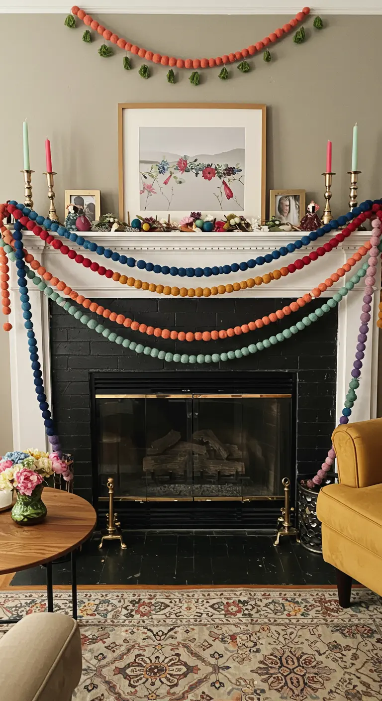 A fireplace mantel is draped with multiple layers of colorful felt ball garlands.