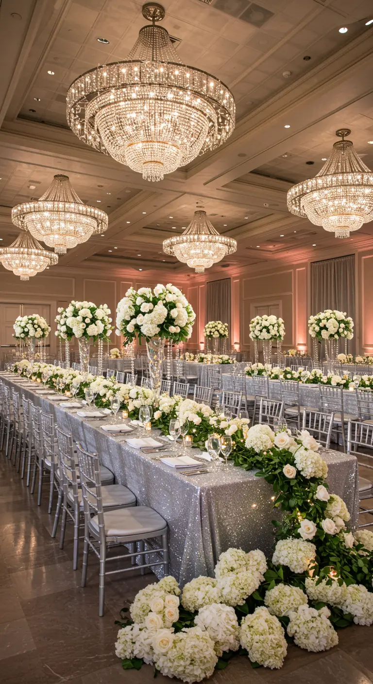 Grand ballroom with long silver sequin tables and cascading white floral garlands.