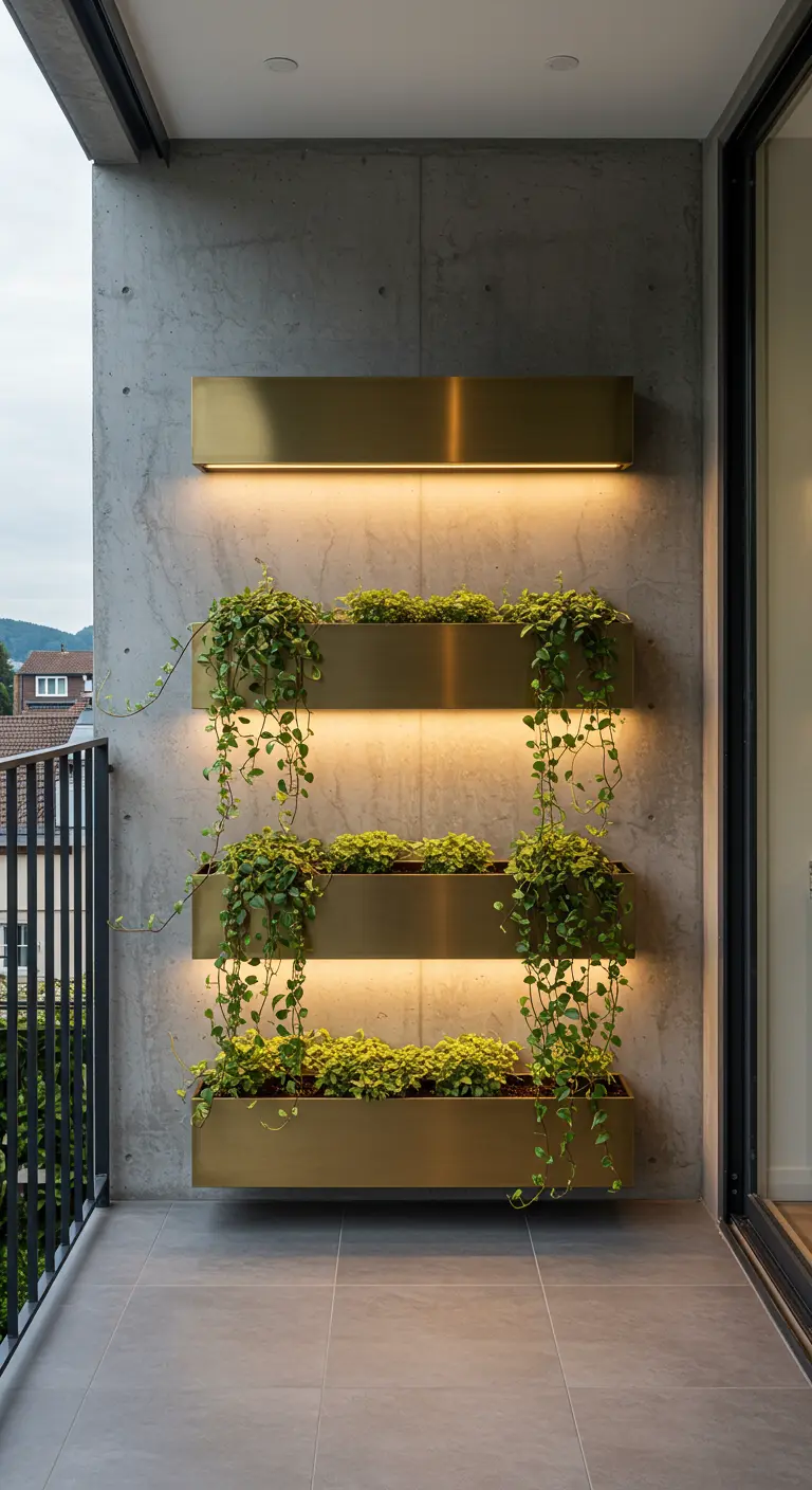 Three tiered brass planters with trailing plants, backlit by warm lights on a concrete wall.