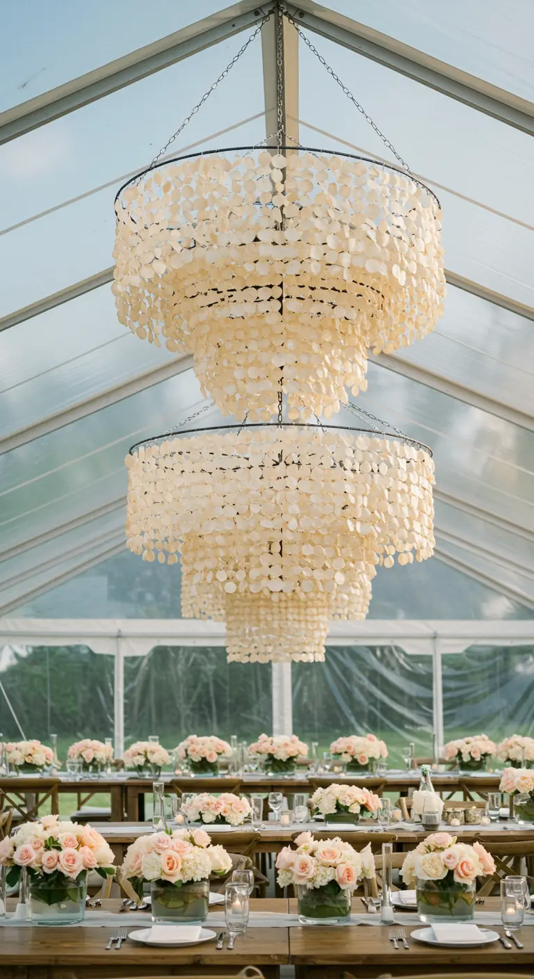 Tiered capiz shell chandeliers hanging in a wedding tent over long reception tables.
