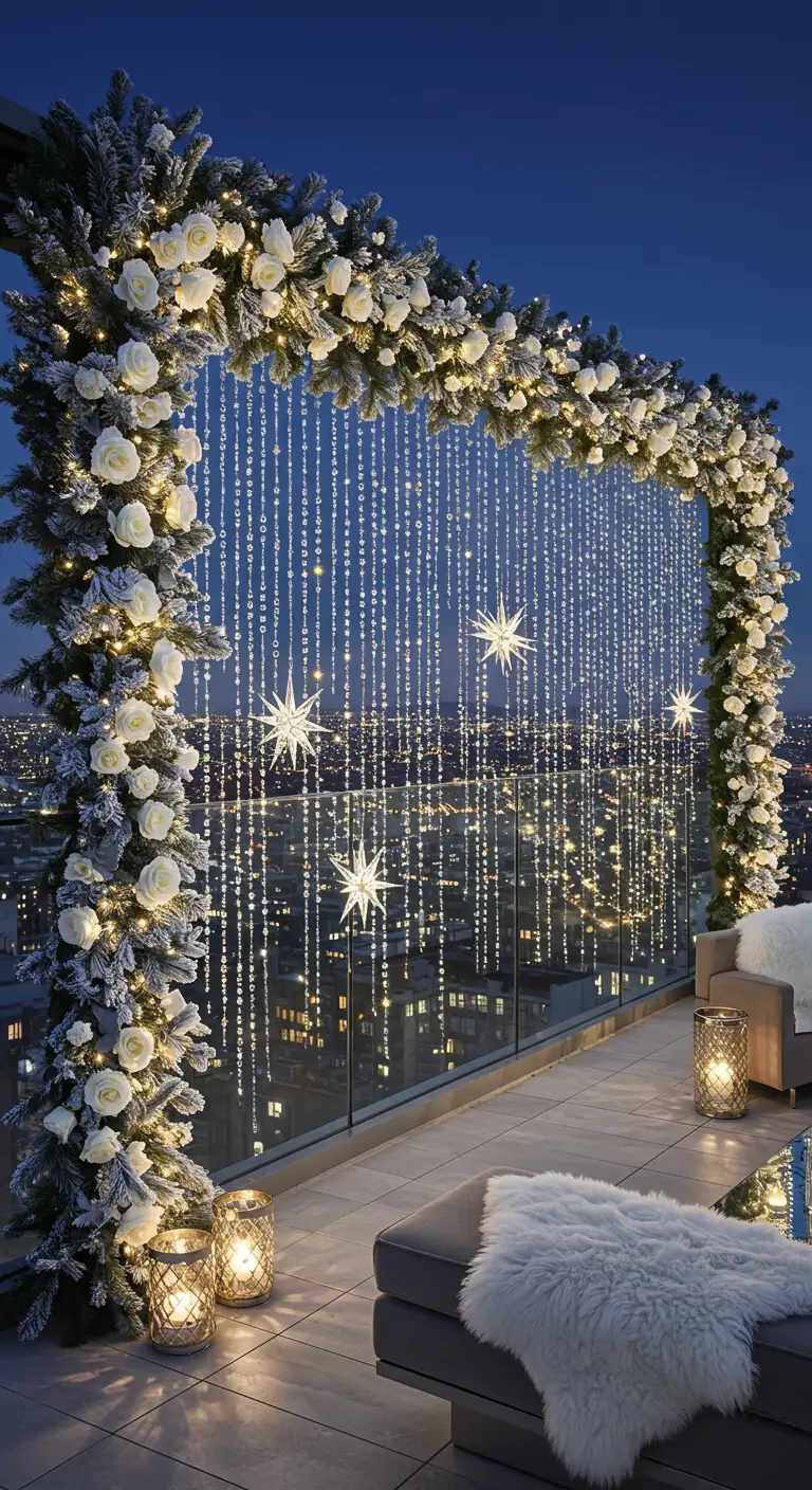A rooftop balcony with a garland arch and a curtain of lights dotted with stars.