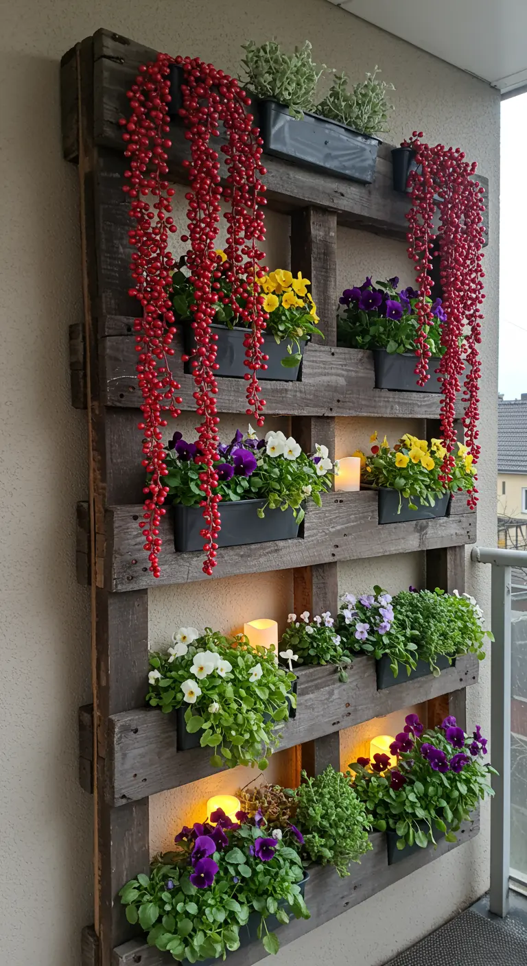 A vertical pallet garden overflowing with colorful pansies and cascading red berries.