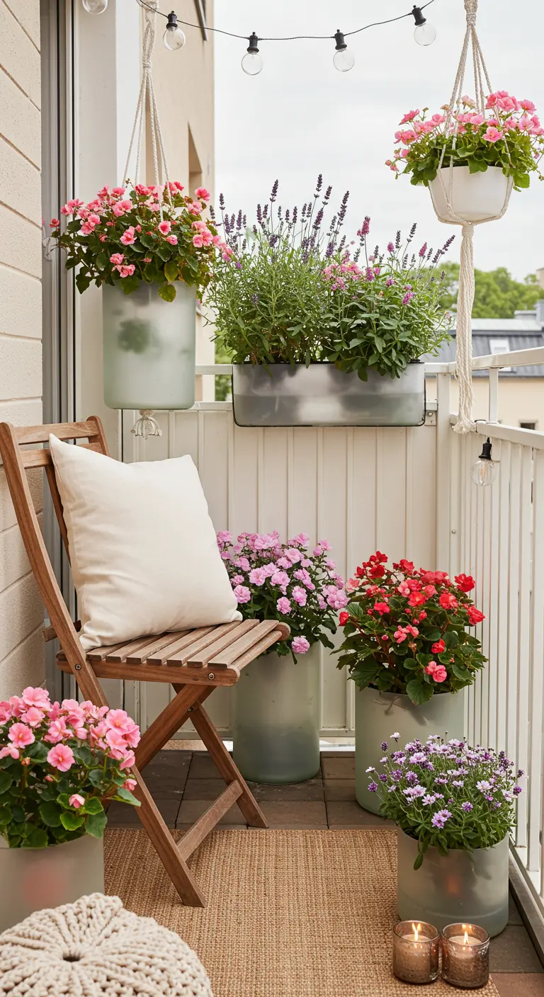 A balcony bursting with pink and purple flowers in hanging, railing, and floor planters.