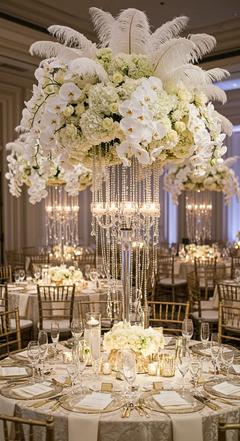 A glamorous wedding centerpiece with a cascade of white orchids and dripping crystal strands.