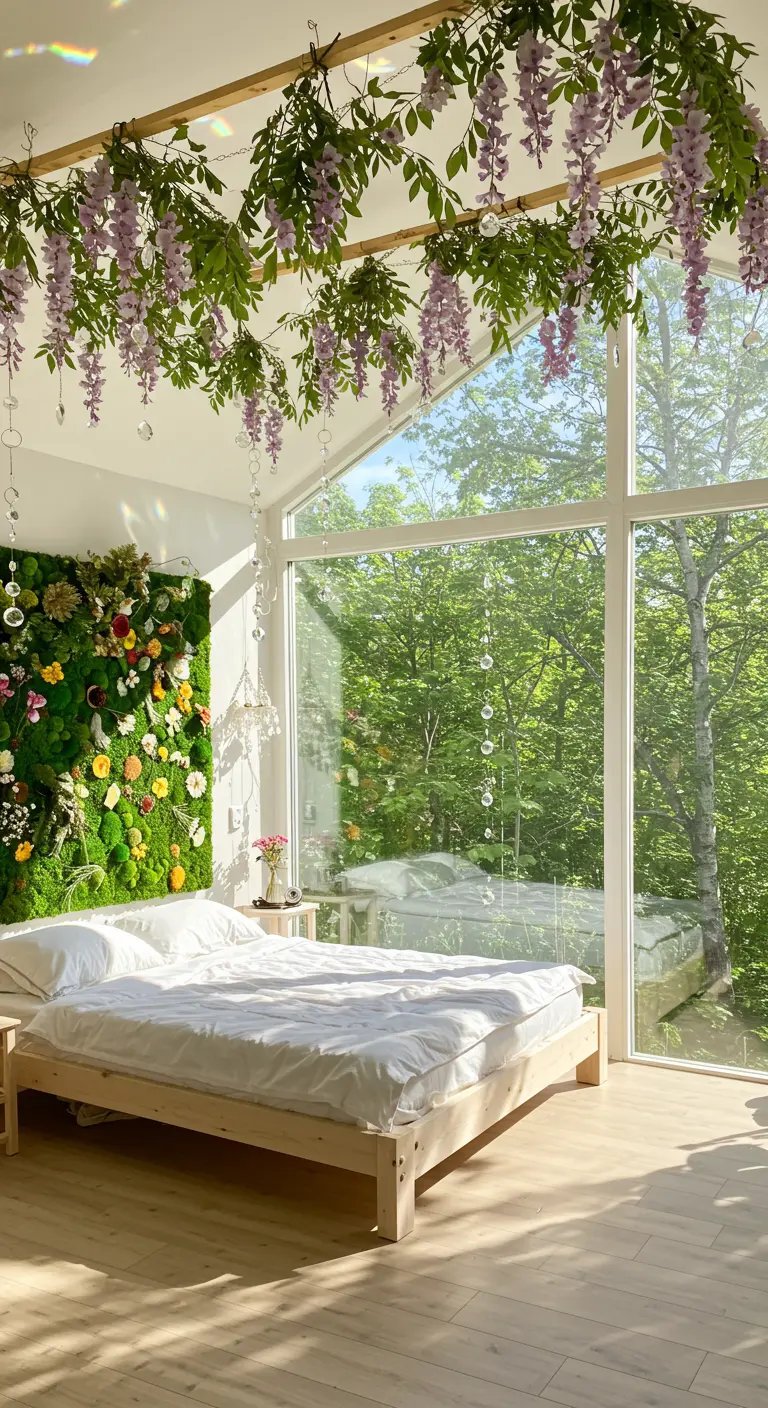 A sun-filled bedroom with hanging wisteria, a flower-and-moss wall, and a large window.