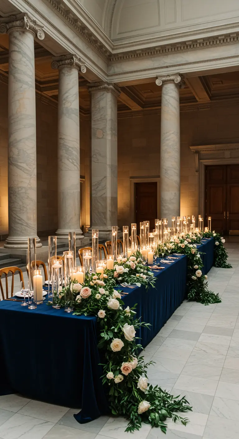 Long wedding table with a navy velvet cloth and a cascading runner of white and blush roses.