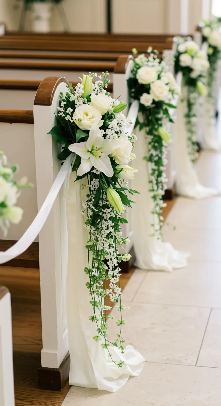 A church pew decorated with a cascading arrangement of white lilies, roses, and flowing ribbon.