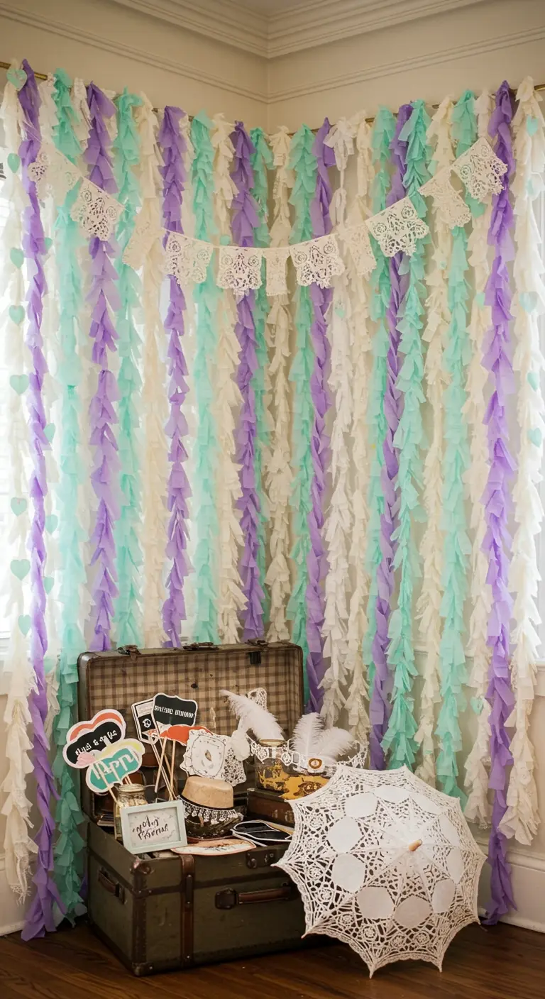 A photo booth corner with a backdrop of vertical crepe paper streamers in lavender, mint, and cream.