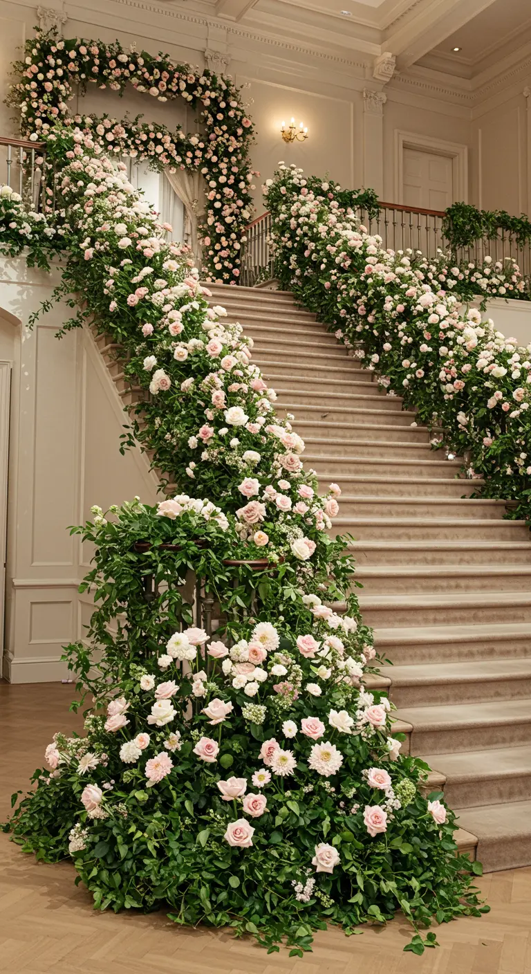 A grand staircase cascading with pink and white rose arrangements.