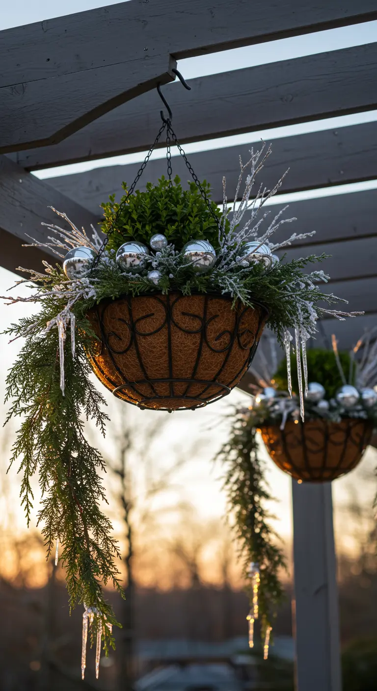 A hanging basket with evergreens, silver ornaments, and dripping icicle decorations at sunset.