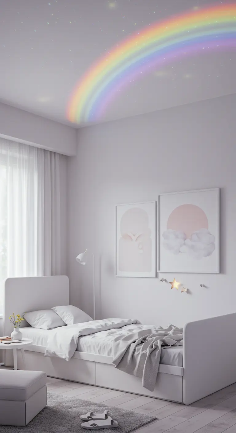 A white child's bedroom with a soft rainbow projected onto the ceiling.