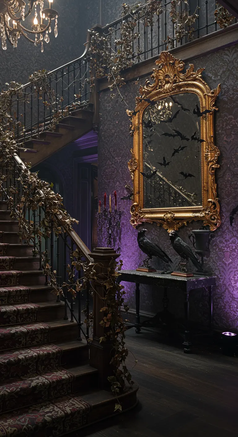 A grand, dark staircase with a gilded mirror, black crows, and purple lighting.