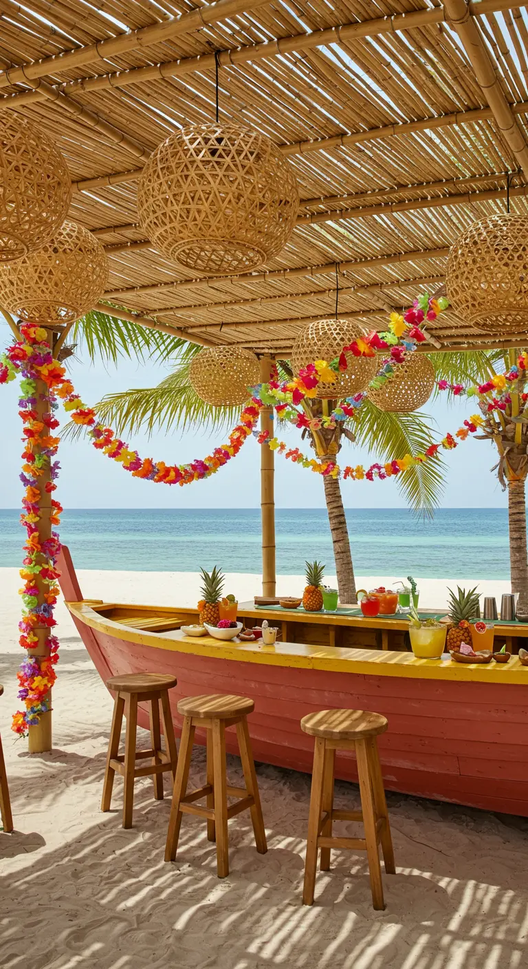 A tiki bar made from a red boat on a sandy beach, decorated with colorful leis.