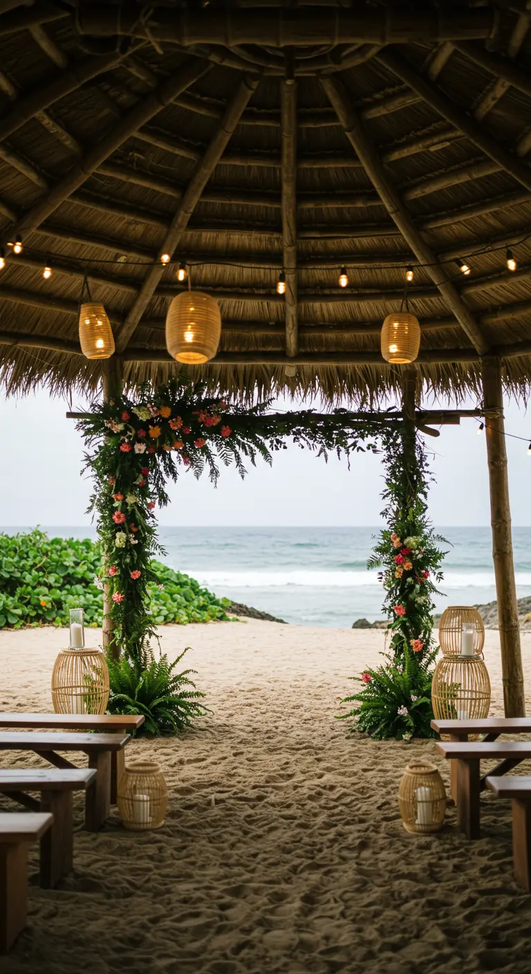 A beach wedding ceremony framed by a thatched-roof hut decorated with tropical flowers.