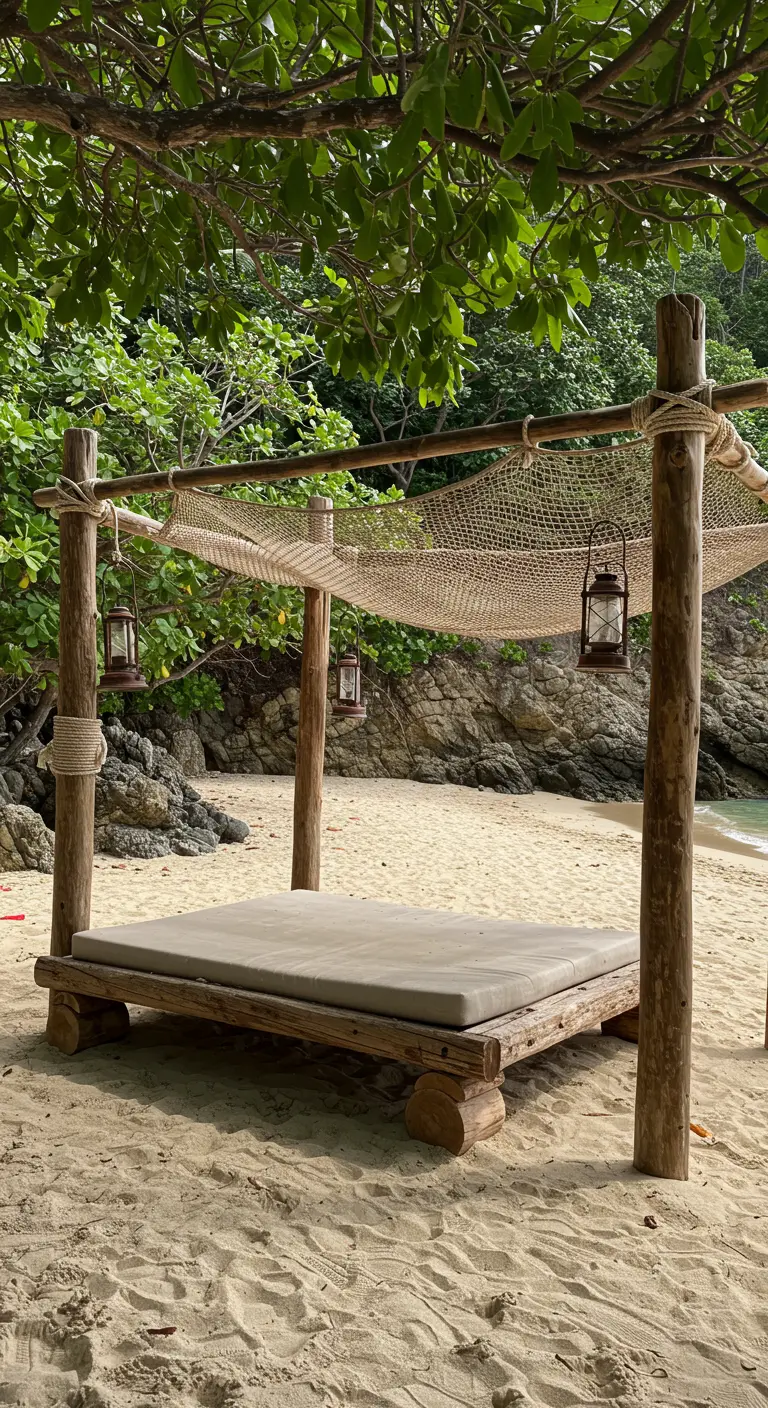 Rustic log daybed on a beach with a fishing net canopy and hanging lanterns.