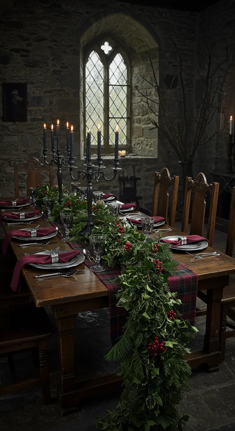Gothic-style Christmas table in a stone room with black candelabras and a cascading garland.