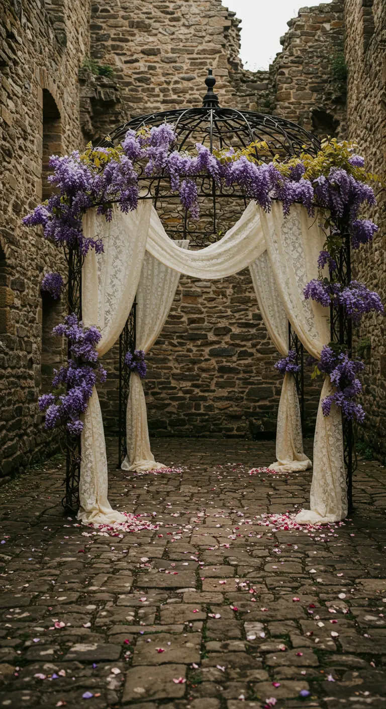 Wrought-iron gazebo in a stone courtyard decorated with purple wisteria and lace curtains.