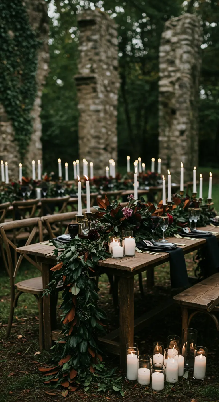 Moody wedding table in stone ruins with a dark foliage garland and many candles.