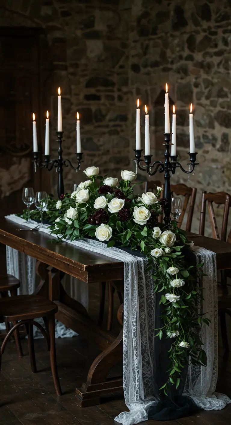 A dark wood table in a castle-like room with black candelabras and a white rose garland.