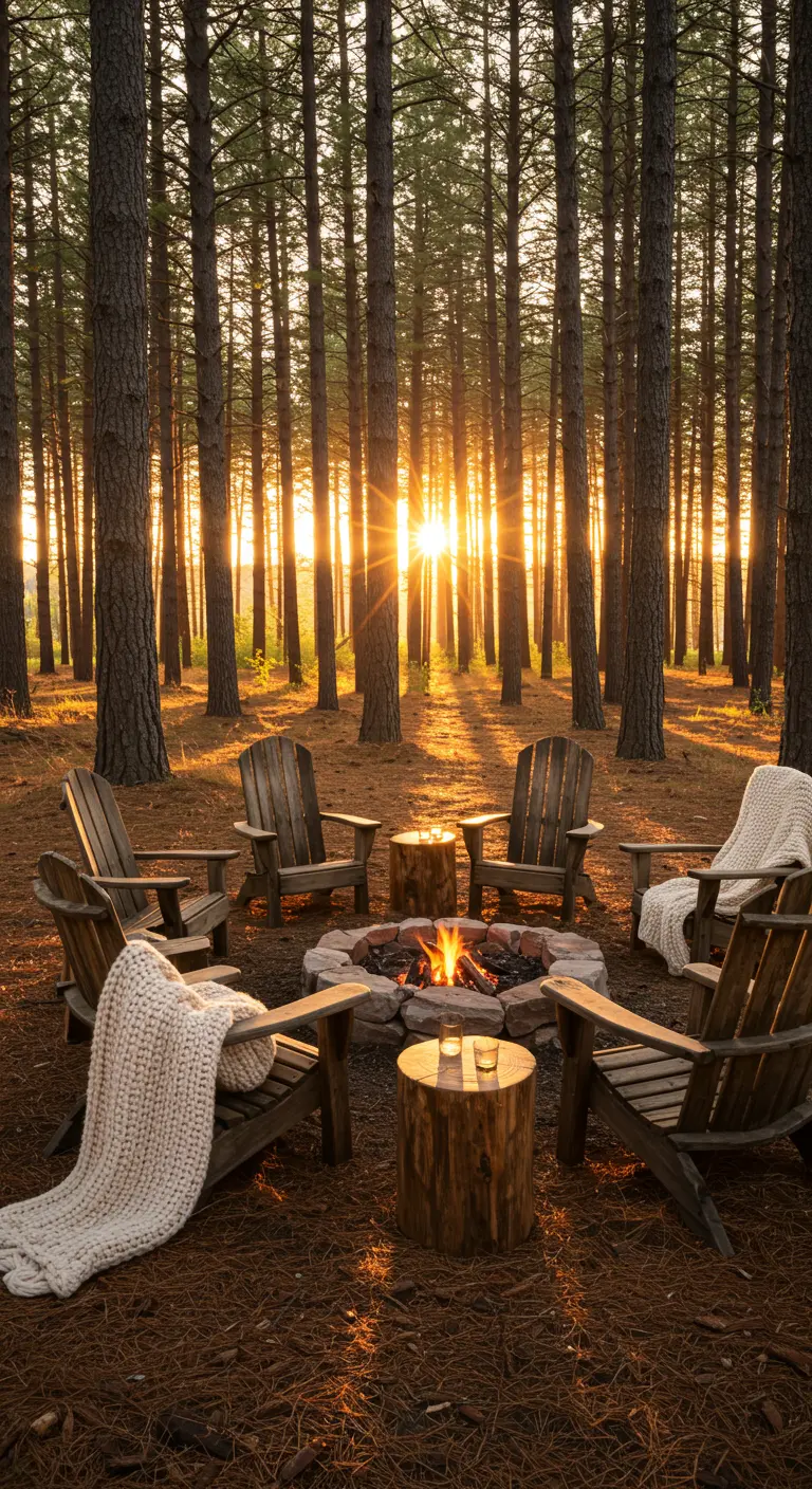 Adirondack chairs around a fire pit in a pine forest during a golden sunset.