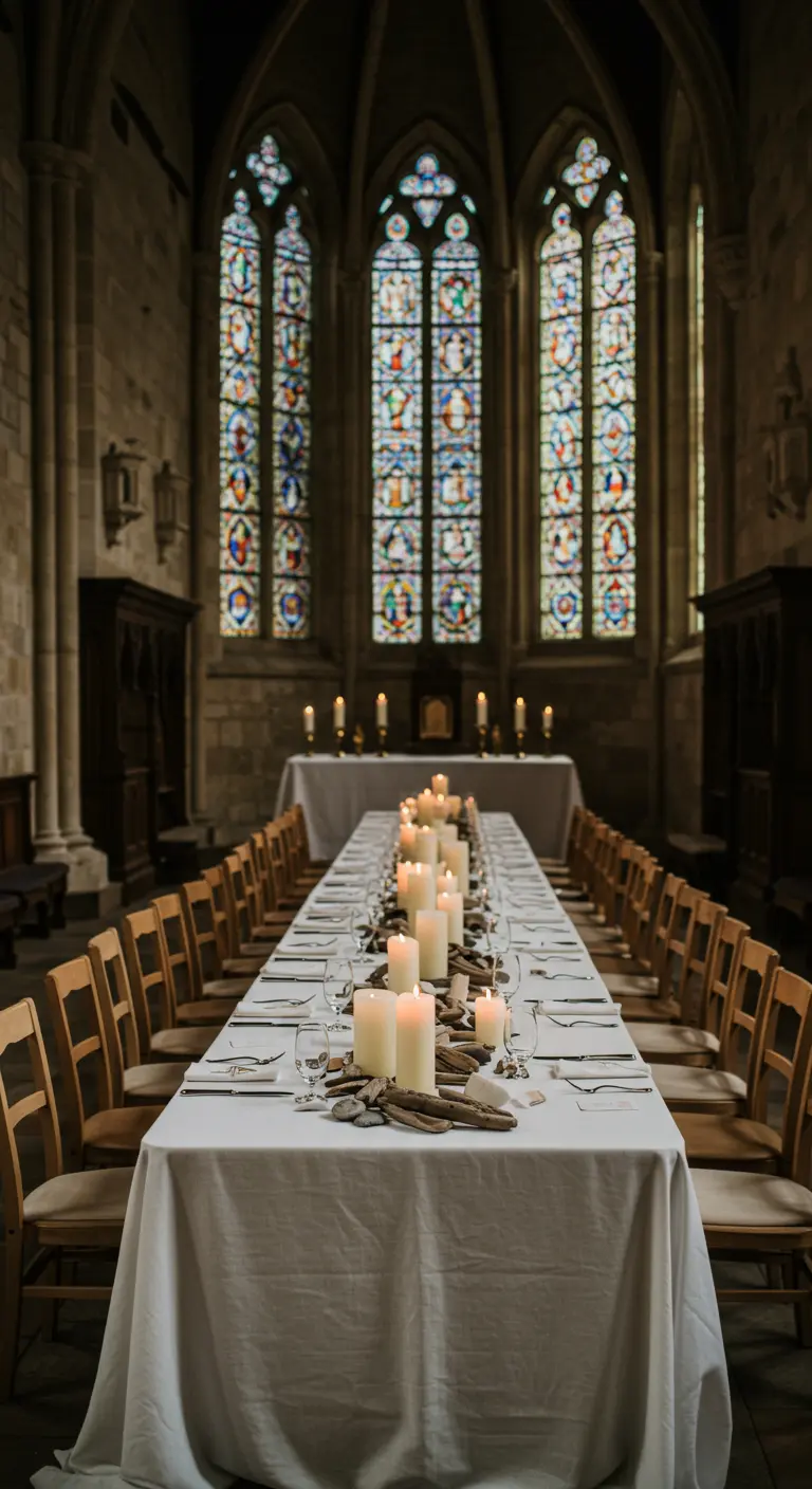 A long table in a cathedral with a line of pillar candles and driftwood down the center.