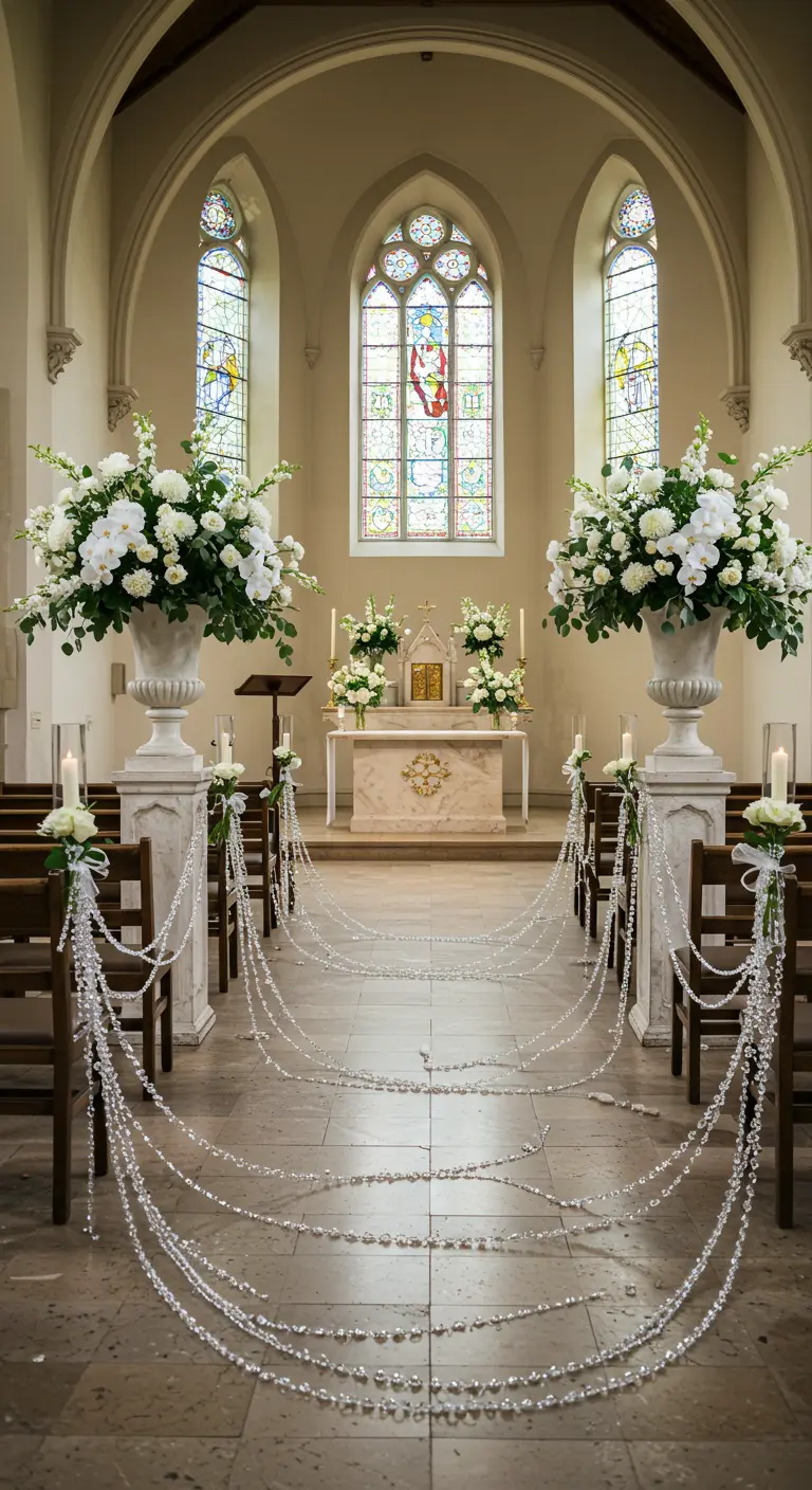 Church aisle lined with chairs, with crystal garlands swagged between them leading to the altar.