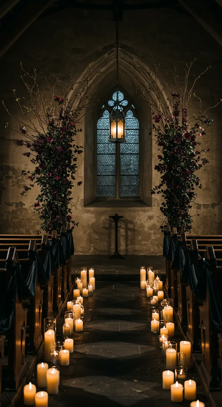 A gothic wedding aisle in a church, framed by tall floral arrangements and lit by candles.