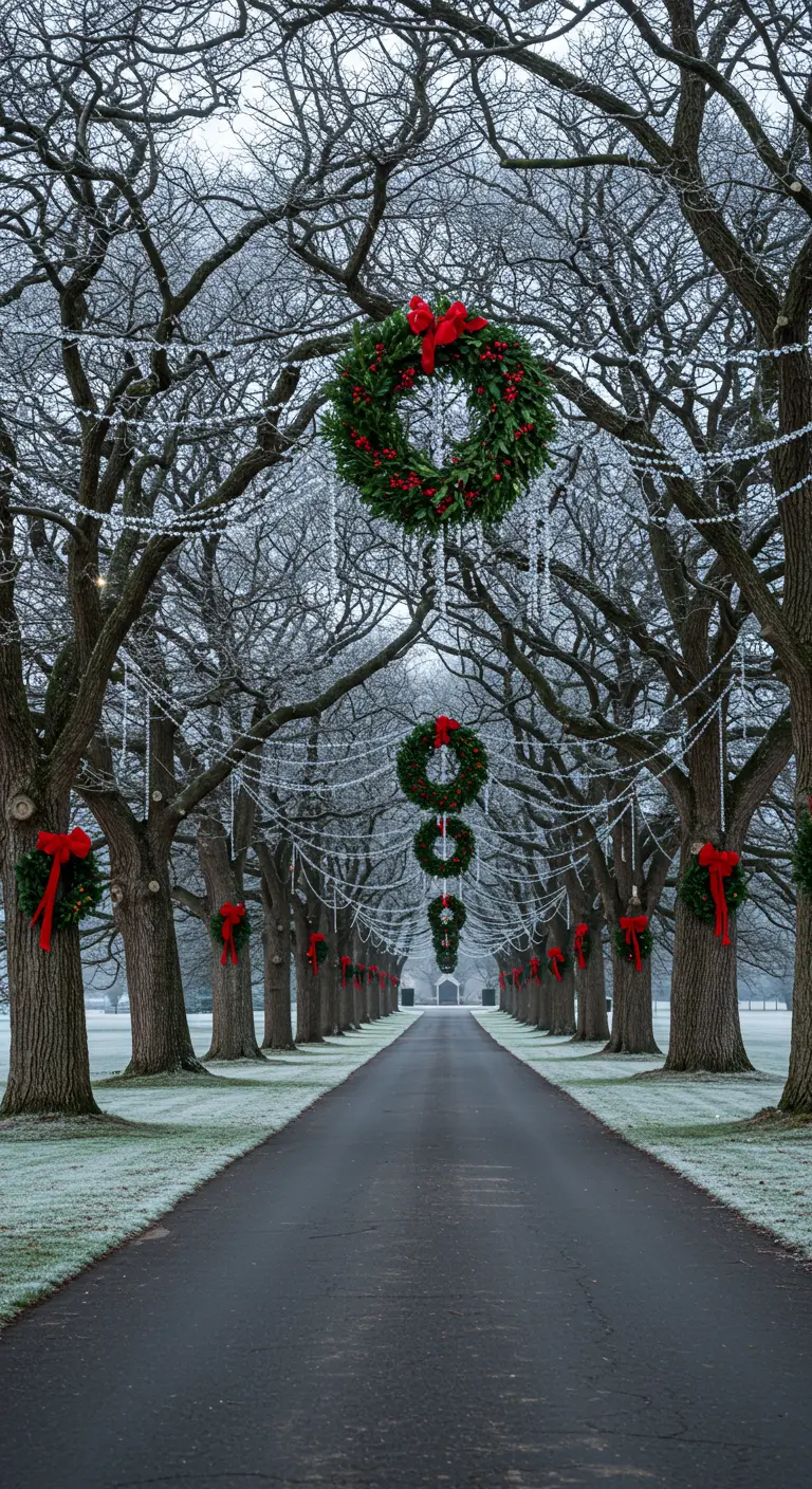 An avenue of tall, bare trees decorated with large hanging wreaths and smaller wreaths on trunks.